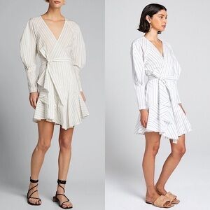NWT ALC Striped Cotton Silk Blend Puff Long Sleeve Ruffle Hem Wrap Waist Dress 6